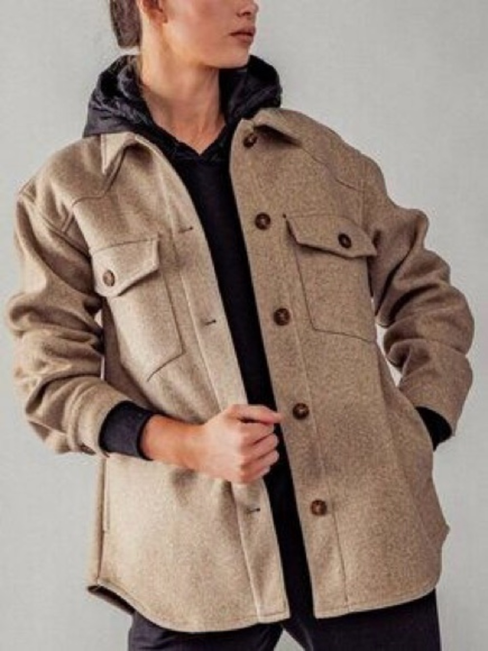 Neutral tan oversized Beige thick shacket Shirt Jacket button front